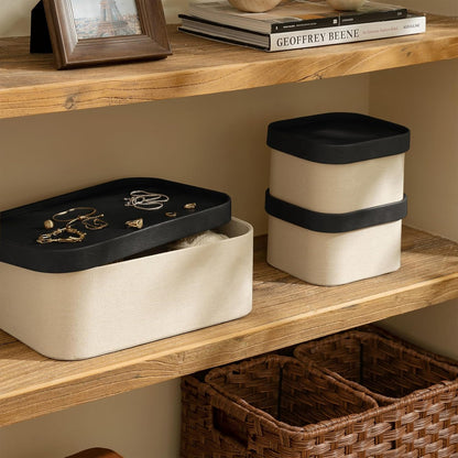 LA JOLIE MUSE Fluted Cardboard Storage Baskets with Leather-Like Lids, Sturdy Stackable Paper Boxes Decorative Tray, Chocolate Brown, Set of 3