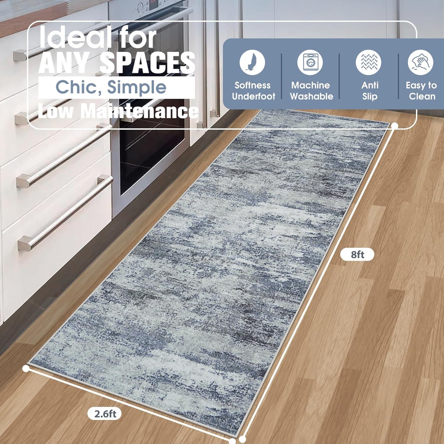 8x10 Area Rugs for Living Room Rug Washable: Abstract Large Rug for Dining Room Bedroom Carpet Non Slip 8 by 10 Indoor Modern Nursery Home Office Blue Grey