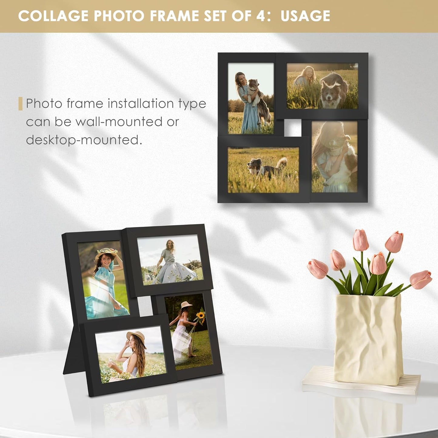 DUENPY 4x6 Collage Picture Frame Tempered Glass Front, Displays Four 4x6 Photo, Family Photo Collage Frame, Wall Decor Wall Hanging or Tabletop, Brown