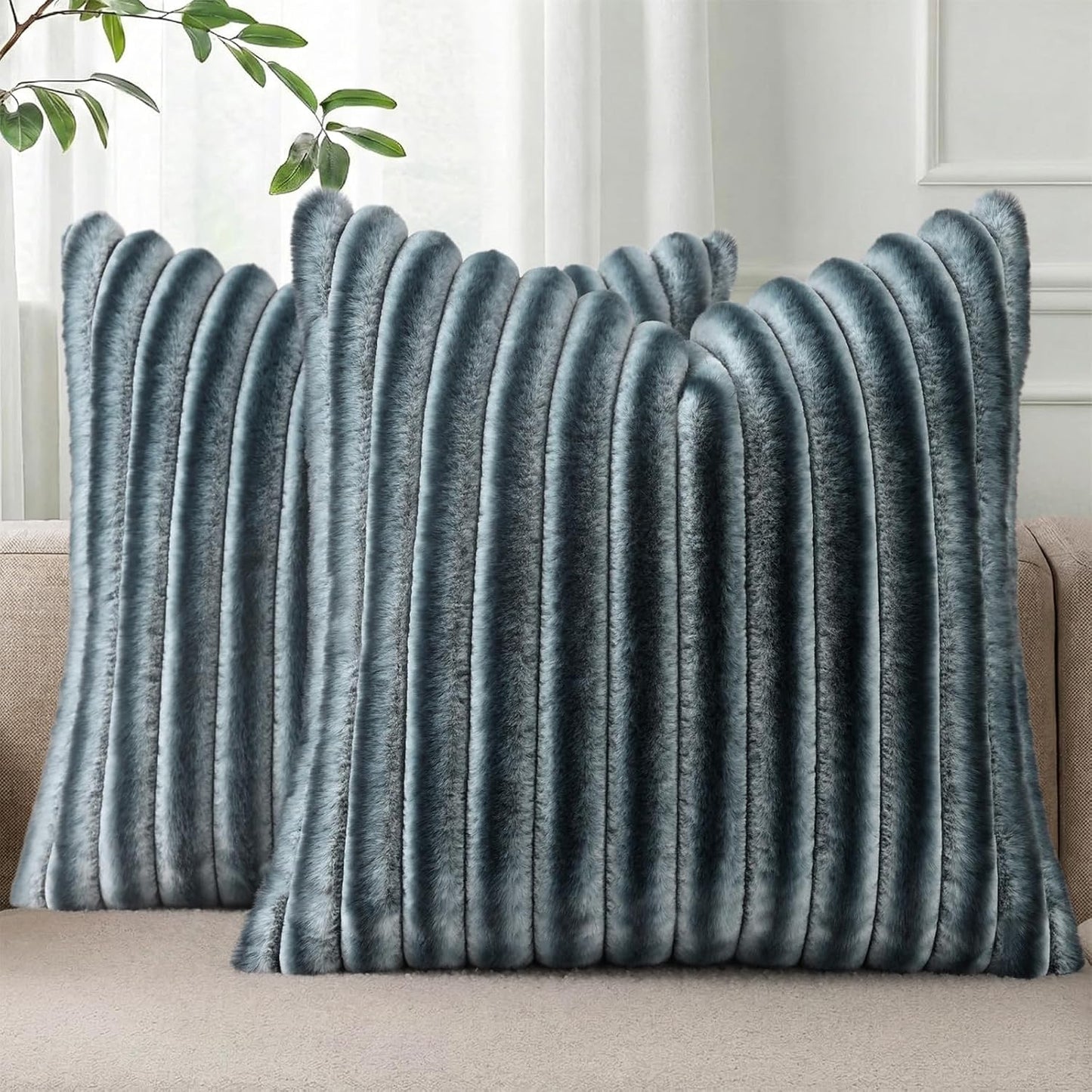Pallene Faux Fur Plush Throw Pillow Covers 18x18 Set of 2, Luxury Soft Fluffy Striped Decorative Pillow Covers for Sofa, Couch, Living Room, Cream White