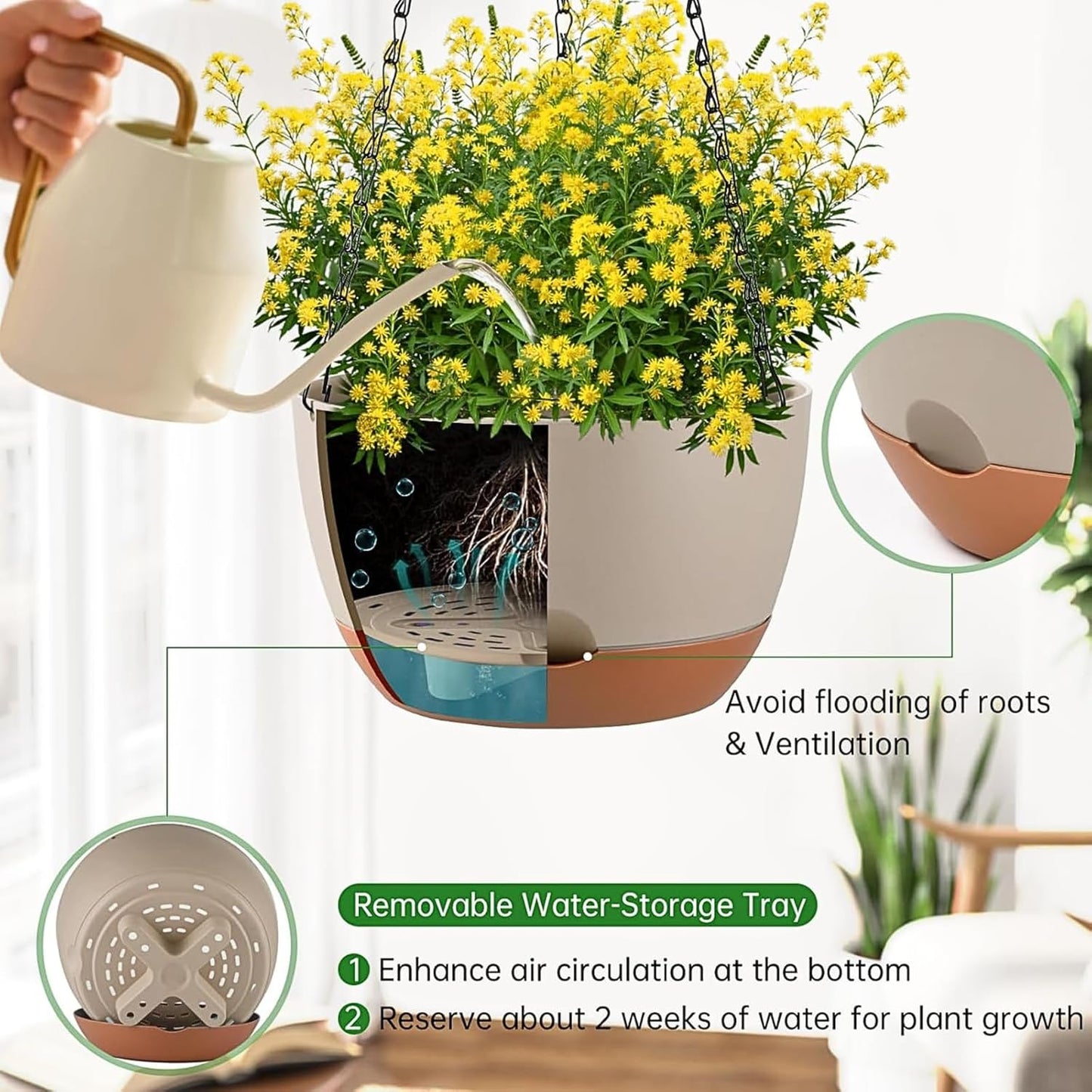 Set of 2 Hanging Planters for Indoor Outdoor Plants, 8 Inch Self-Watering Hanging Flower Pots with Drainage Hole & Removable Water-Storage Tray (Hooks)