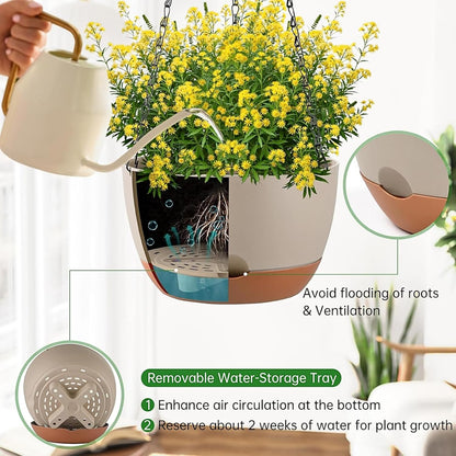 Set of 2 Hanging Planters for Indoor Outdoor Plants, 8 Inch Self-Watering Hanging Flower Pots with Drainage Hole & Removable Water-Storage Tray (Hooks)