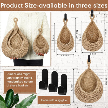 Honeydak Boho Decor Hanging Wall Baskets for Kitchen 3 Pack Teardrop Baskets with Hooks Storage Fruit Onion Vegetable Potato for Home 3 Sizes(Linen,Teardrop,Jute)