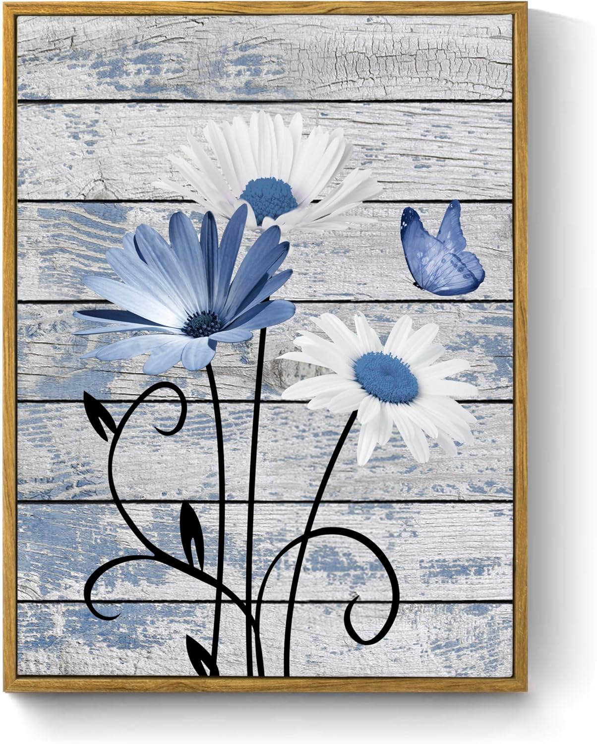 HVEST Farmhouse Floral Wall Art for Living Room, Blue and White Daisy Flower and Butterfly on Rustic Wood Board Canvas Wall Art Framed Artwork Ready to Hang for Bathroom Bedroom Decor, 16L X 12W
