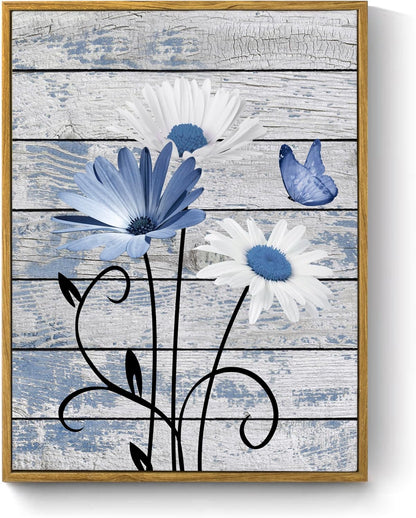 HVEST Farmhouse Floral Wall Art for Living Room, Blue and White Daisy Flower and Butterfly on Rustic Wood Board Canvas Wall Art Framed Artwork Ready to Hang for Bathroom Bedroom Decor, 16L X 12W