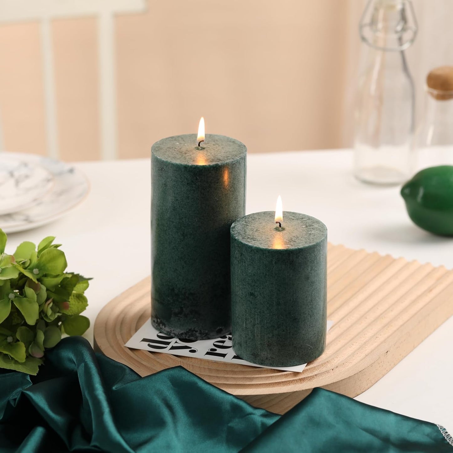 3x4 inch Green Pillar Candles Set of 3, Unscented Pillar Candle, Dripless and Smokeless Large Candles, Candle for Home Decor, Dinner Table,Weddings, Holidays
