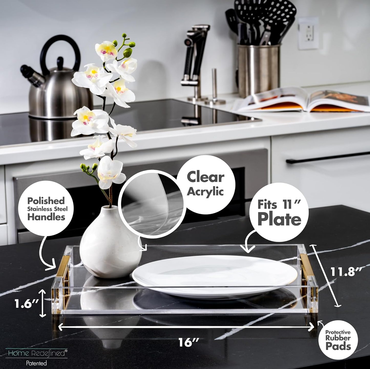 Home Redefined Beautiful Modern Elegant 17.5"x12" Rectangle Classic Black Faux Leather Decorative Tray Ottoman Coffee Table Perfume Living Room Kitchen Serving Tray with Handles for All Occasion's
