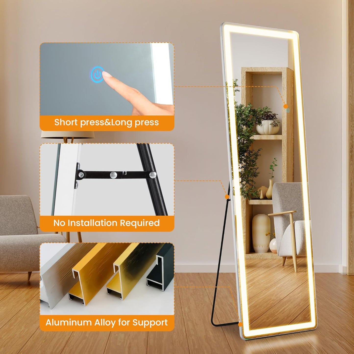 Mirror Full Length, Upgraded 16"x59" Body Wall Mirrors with Shatter-Proof Glass, Floor Standing, Hanging or Leaning, Tall Mirror with Stand Aluminum Alloy Frame for Bedroom Cloakroom