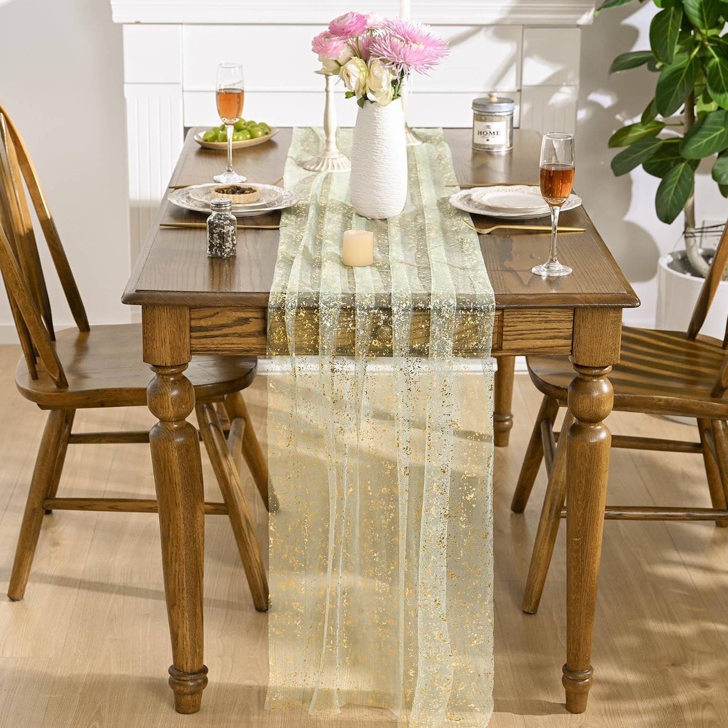 Artoid Mode Beige Gold Gauze Table Runner 120 Inch 10FT, Glitter Metallic Foil Sheer Dining Wedding Anniversary Holiday Birthday Table Decor for Home Party