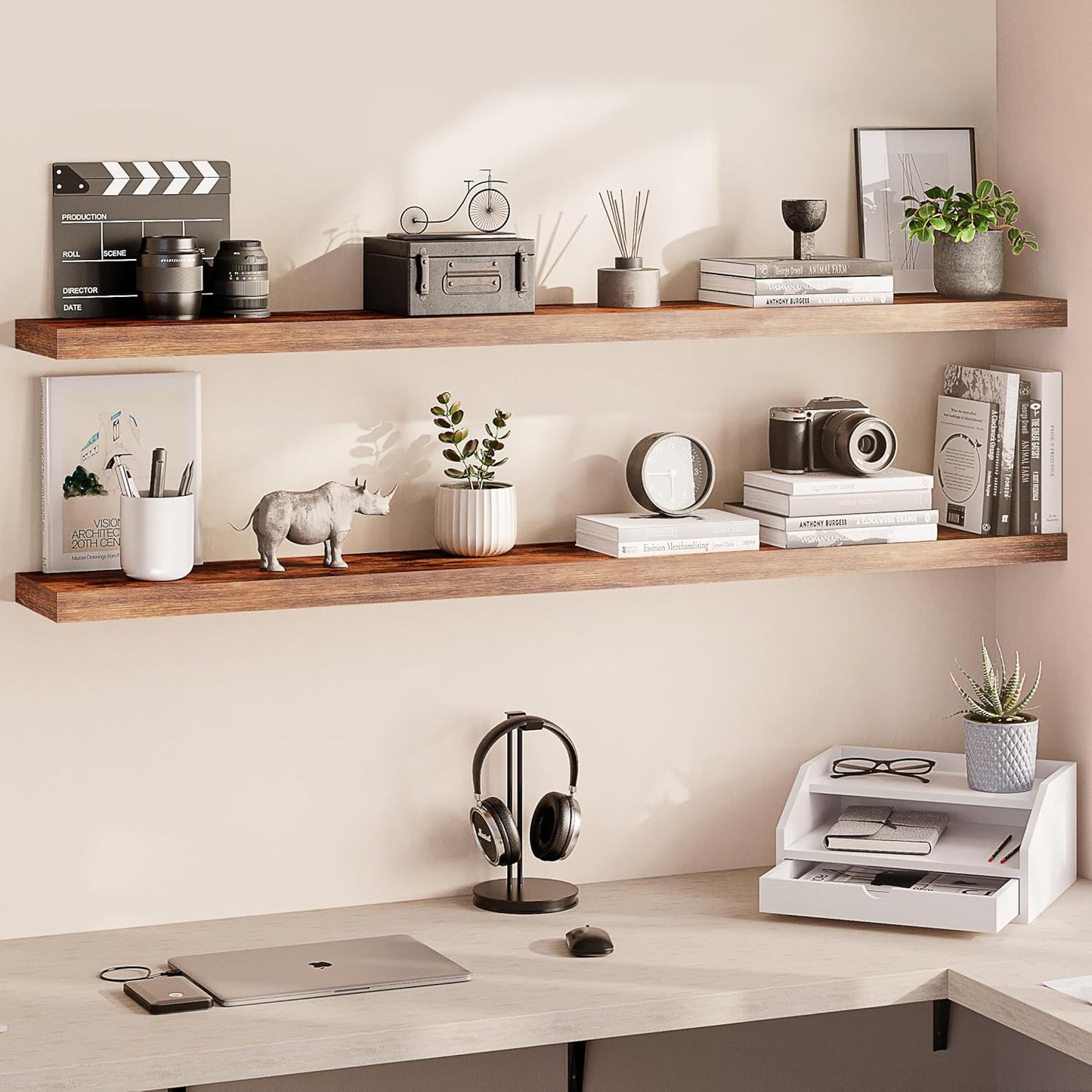 Ballucci Floating Shelves for Wall, 48" Wood Wall Shelf Set of 2, with Invisible Brackets for Bathroom, Living Room, Bedroom, Kitchen, Nursery, 8" Deep, Black