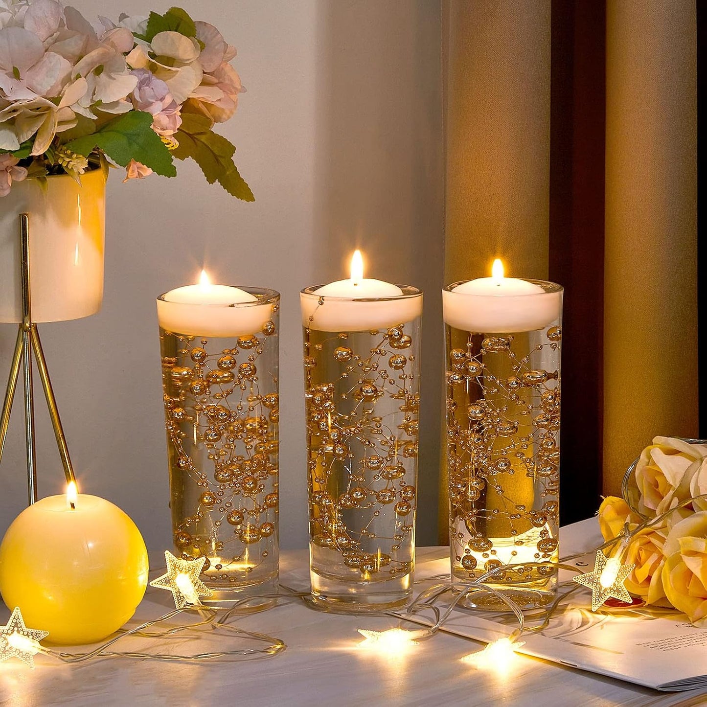 Tondiamo 24 Pcs Artificial Pearl String for Floating Candle Faux Pearls Beads String Garland Centerpiece Decoration for Vases Filler Wedding Spring Holiday Party Decor(Gold)