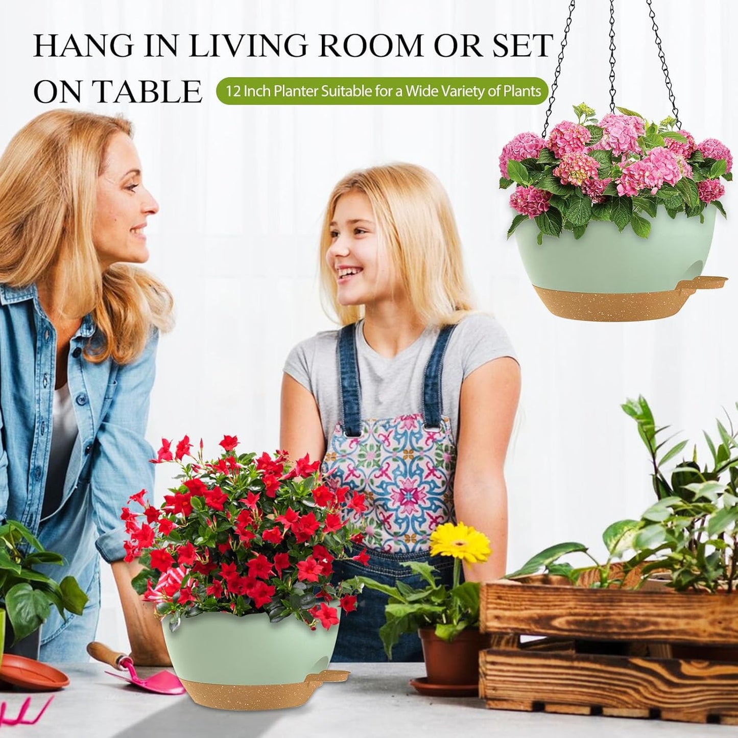 12 Inch Hanging Baskets 2 PC with Chains, Self-Watering Hanging Planters for Indoor Outdoor Plants, Plastic Hanging Flower Pots,Black