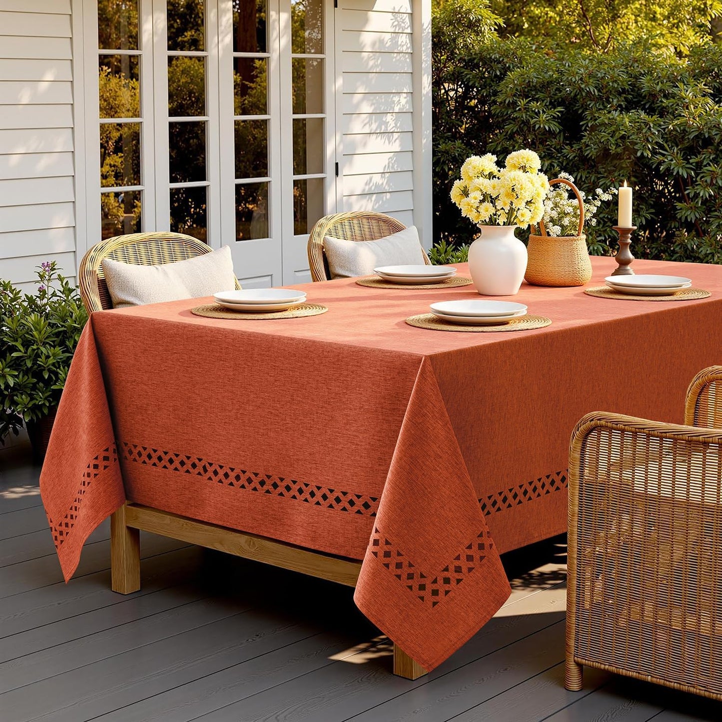 MIULEE Beige Rectangle Linen Polyester Tablecloth with Decorative Cutouts Spring Waterproof Stain Resistant & Shrink-Proof Table Cloth 52x70 inch Farmhouse Style for Dining Wedding and Outdoor