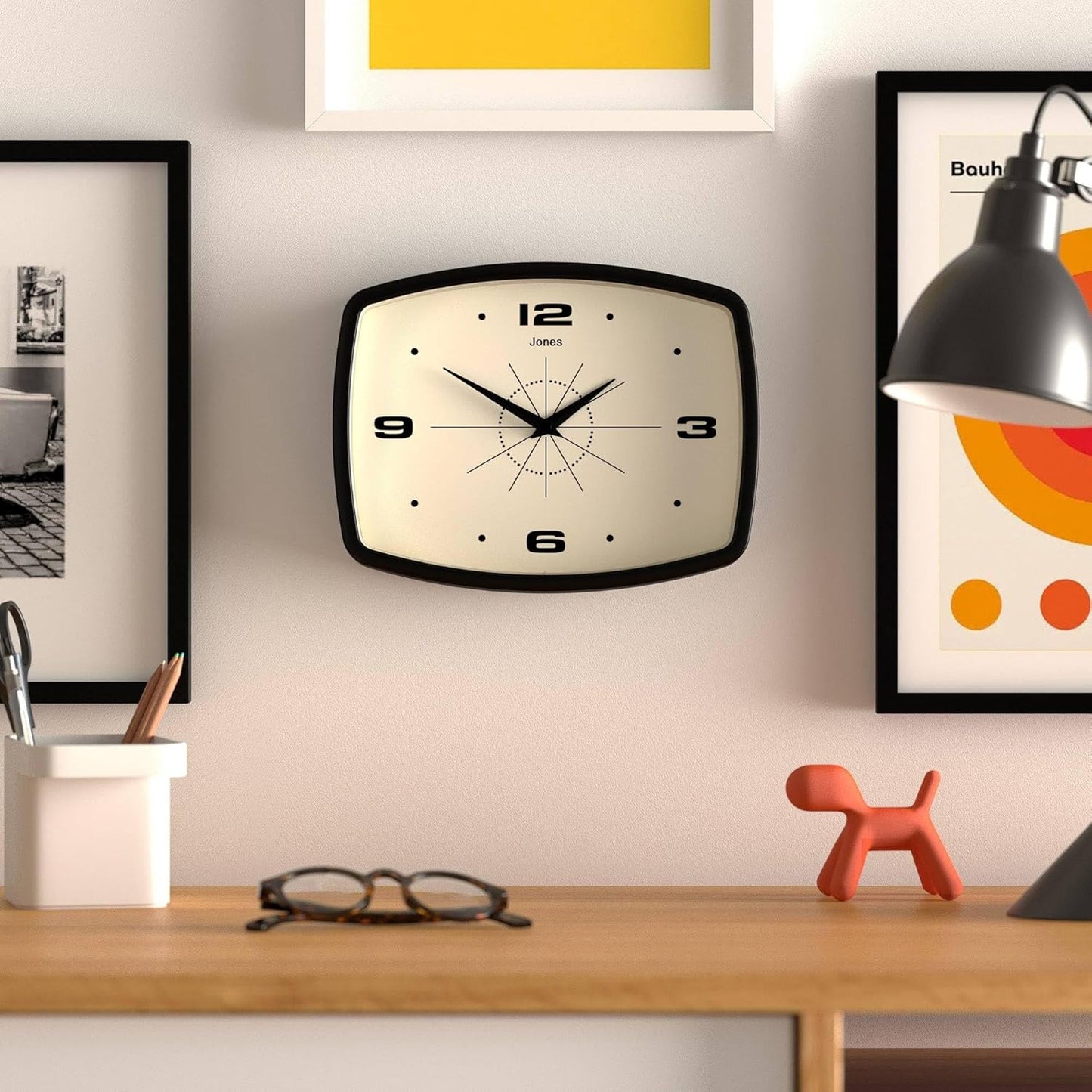 JONES CLOCKS® Movie wall Clock | Retro Rectangular Clock | 10 inch | Orange | Cool mid-Century Designer Look for Kitchen, Living Room or Office