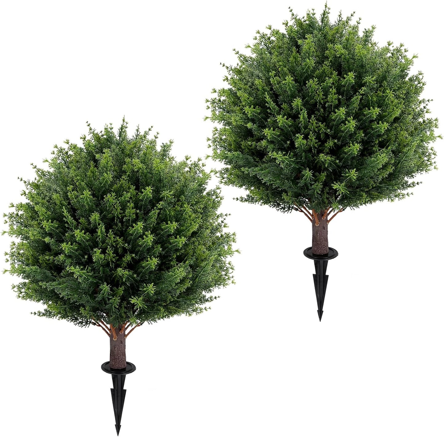 Artificial Red Eucalyptus Topiary Ball Tree 24" with Ground Spike, Set of 2 Artificial Boxwood Bushes for Faux Shrubs, Fake Evergreen Faux Plant for Indoor Outdoor Garden -UV Resistant–Fade-Proof