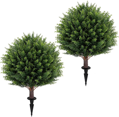 Artificial Red Eucalyptus Topiary Ball Tree 24" with Ground Spike, Set of 2 Artificial Boxwood Bushes for Faux Shrubs, Fake Evergreen Faux Plant for Indoor Outdoor Garden -UV Resistant–Fade-Proof