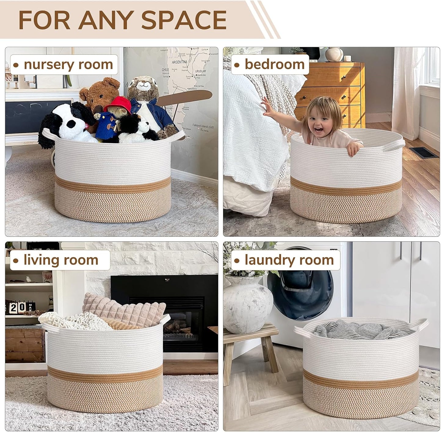 INDRESSME XXXLarge Blanket Basket for Living Room 21.7" x 21.7" x 13.8"-Storage Basket with Handle for Organizing Toy Pillows Woven Cotton Rope Laundry Basket Stuffed Animal Toy Storage for Play Room