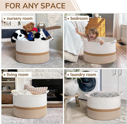 INDRESSME XXXLarge Blanket Basket for Living Room 21.7" x 21.7" x 13.8"-Storage Basket with Handle for Organizing Toy Pillows Woven Cotton Rope Laundry Basket Stuffed Animal Toy Storage for Play Room