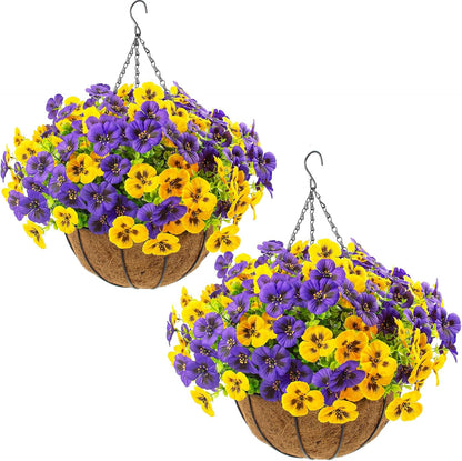 lovemoon 2 Sets Artificial Hanging Pansy Flowers with Baskets, 24 Pcs UV Resistant Faux Silk Pansy Outdoor Hanging Flower for Porch Patio Garden Home Spring Decor (2, White,Yellow,Purple)