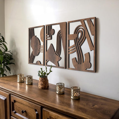 qmmp Modern Wooden Wall Sculptures - Set of 3 - Home Decor Accent - Large Wall Art for Living Room, Bedroom, Office - Easy Installation (Oak, Medium - Mountain and Sun)