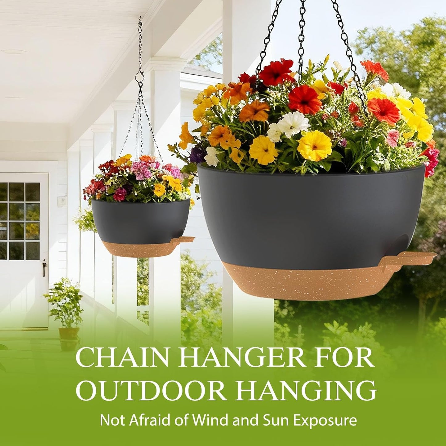 12 Inch Hanging Baskets 2 PC with Chains, Self-Watering Hanging Planters for Indoor Outdoor Plants, Plastic Hanging Flower Pots,Black