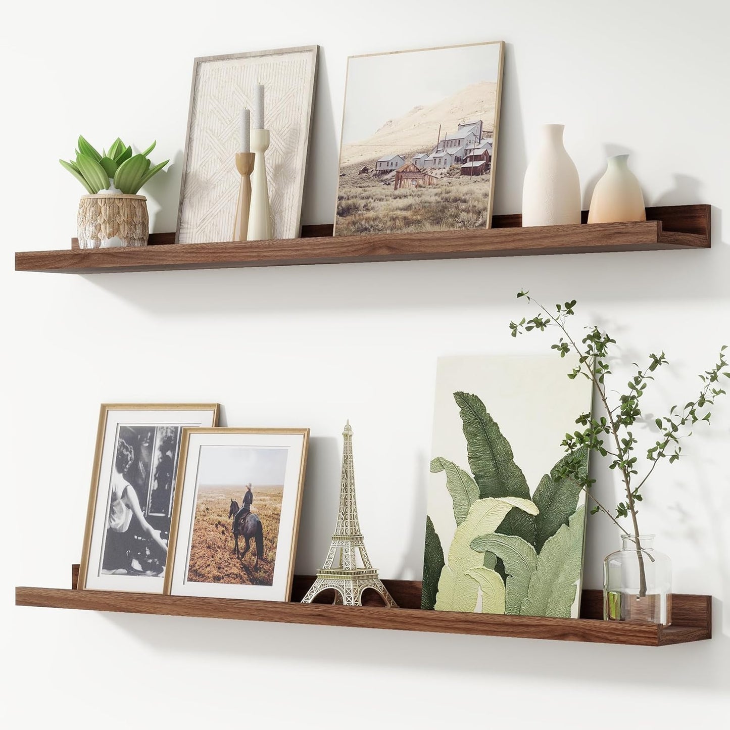 FLYJOE Picture Ledge Shelf, Floating Shelves Set of 2, 48 Inches Long Large Nursery Book Shelves for Toys Storage, Kids Bookshelf Wall Mounted for Living Room Bedroom Decor Books Photo Frames, Walnut