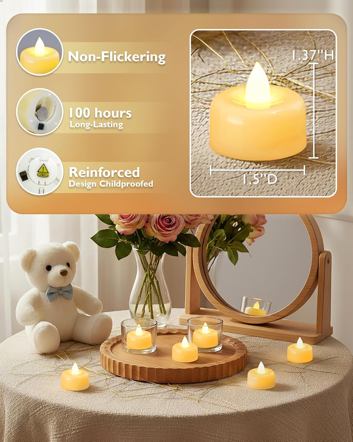 Amagic 12/24/50/100/150Pack Flameless LED Tea Lights Candles Battery Operated, Electric Fake Tealight Candles for Votive, Halloween, Christmas, Home Decor, Wedding, Table Decor (12Pack)