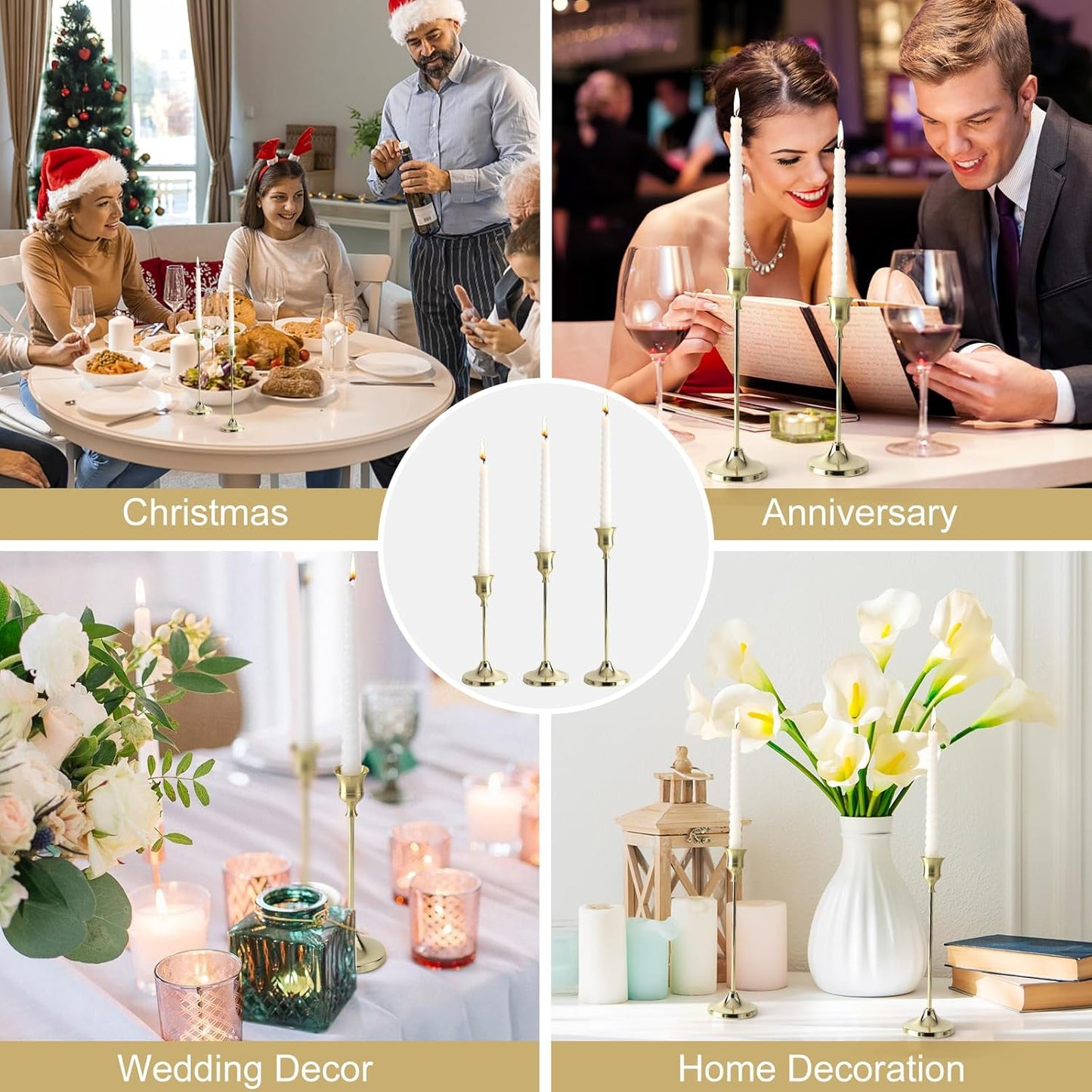 Candlestick Holders 4 Sets(12 Pcs), Brass Gold Candle Holders with Anti-Slip Pad, Metal Taper Candle Holder, Candle Holder for Wedding Fireplace Mantel Housewarming Gift
