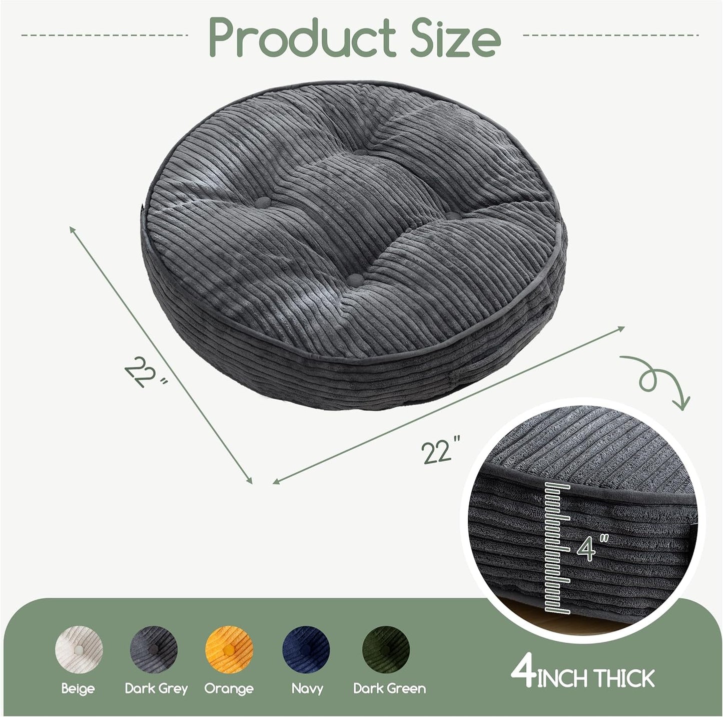 HIGOGOGO 6" Extra Thick Floor Pillow Cushion for Adults, Meditation Cushion Pillow, Large Square Floor Sitting, Tufted Corduroy Cover, for Tatami Living Room or Yoga, 22x22 Inch, 2Pack, Dark Grey