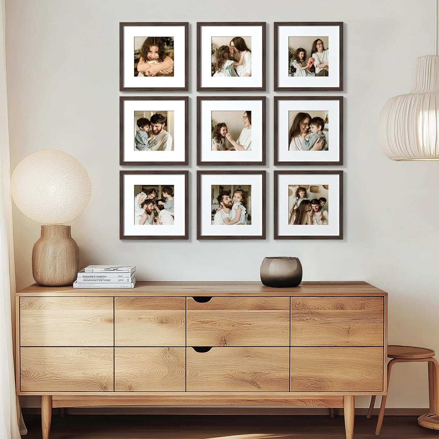 eletecpro 12x12 Picture Frames Set of 9 with Clear Acrylic Cover, Display 8x8 Photos with Mat or 12x12 Without, Classic and Sturdy Square Collage Gallery Wall Decor, Easy Wall Mount, Black