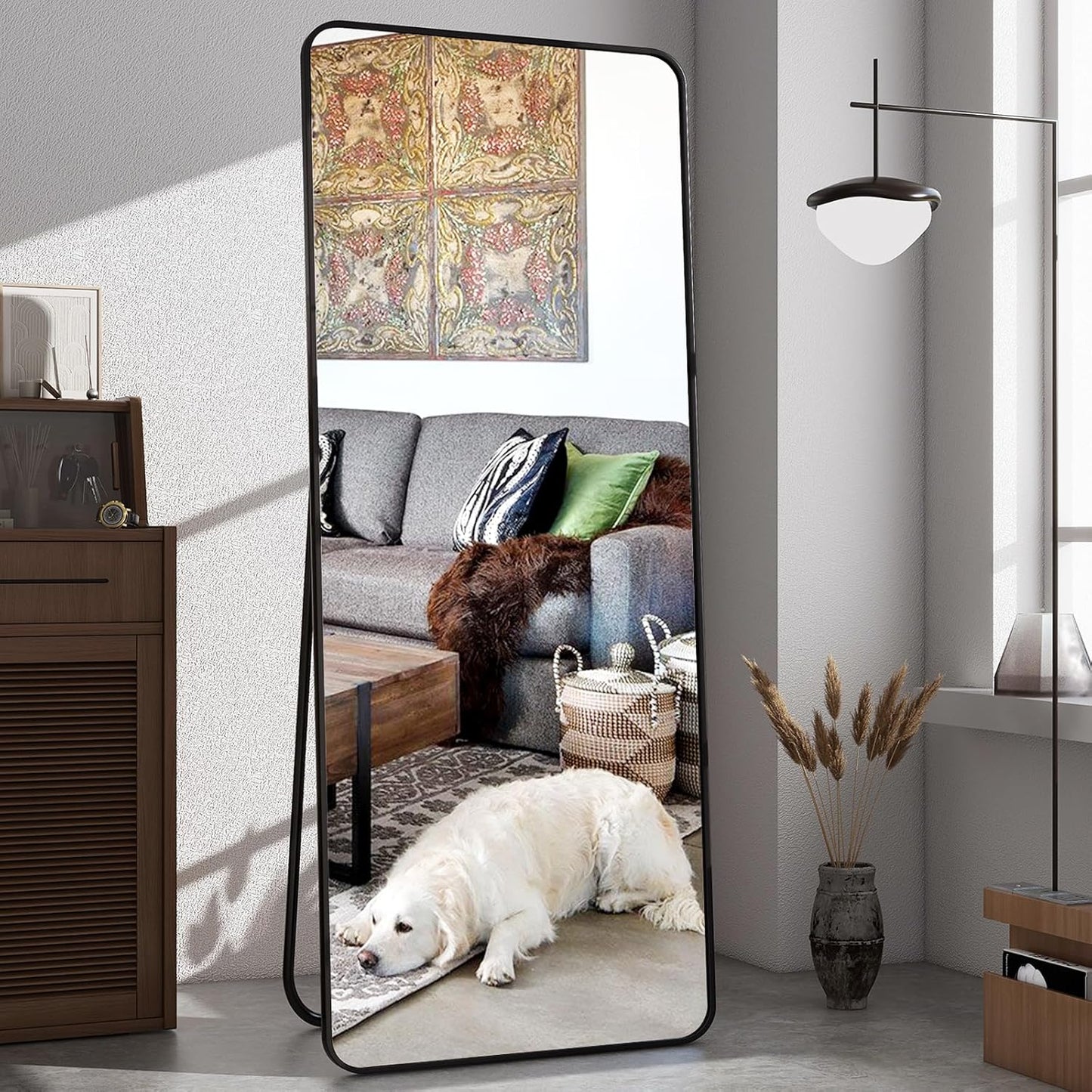 XRAMFY 56"x21" Floor Full Length Mirror Standing Full Body Rounded Corner Rectangle Mirrors with Stand Hanging Wall Mounted Leaning Bedroom Living Room Bedroom Cloakroom,Gold