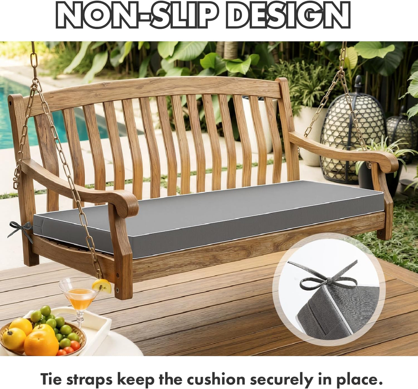 MIULEE Black Outdoor Bench Cushion 48x18x3 Inch Waterproof 3-Year Color Fastness Patio Furniture Cushions for Porch Swing, Garden Bench Sofa Couch with Adjustable Ties No Slip Design