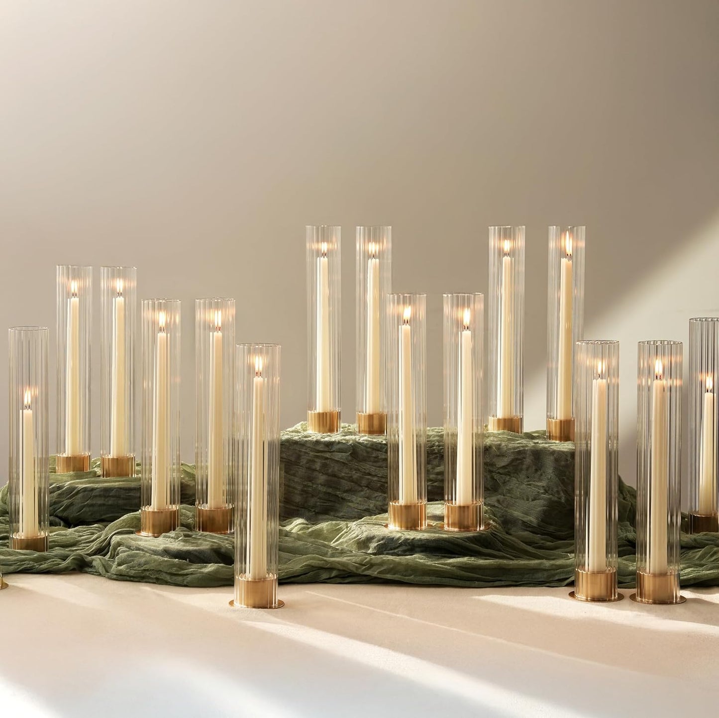 NUPTIO Hurricane Candle Holder for Centerpiece: Set of 10 Metal Taper Candle Holders with Fluted Glass Cylinders - Gold Candlestick Holders Bulk for Outdoor Party Dinner Wedding Table Decoration