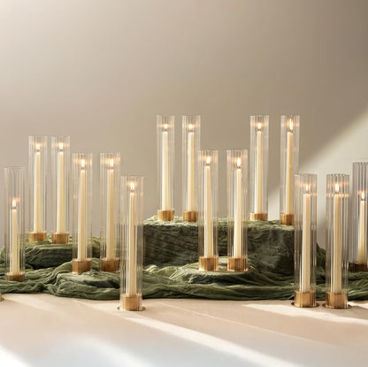 NUPTIO Hurricane Candle Holder for Centerpiece: Set of 10 Metal Taper Candle Holders with Fluted Glass Cylinders - Gold Candlestick Holders Bulk for Outdoor Party Dinner Wedding Table Decoration