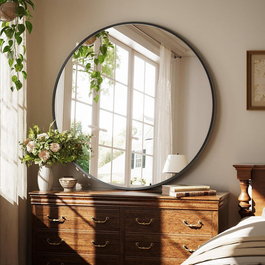 XRAMFY 30 Inch Round Mirror - Circle Mirrors for Bathroom, Entryway and Living Room Wall Decor, Modern Hanging Vanity Mirror, Matte Black Circle Decorative Wall Mirror