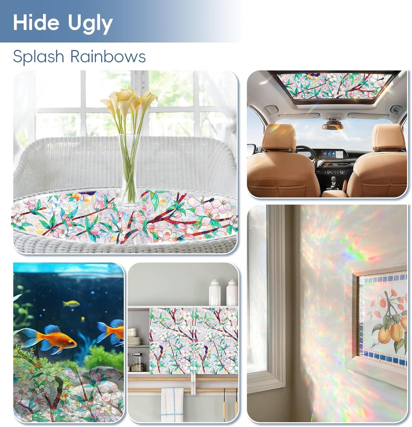 Dwersty Rainbow Window Privacy Film with Cutting Reference Line, 3D Decals Stained Glass Clings, Static Cling Sticker, Suncatcher Windows Cover Tint for Home, 17.5 Inch x 78.74 Inch