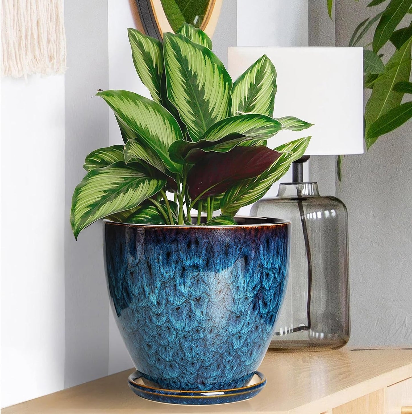10 Inch Ceramic Planter Pot Round Plant Pot for Indoor Plants Outdoor Large Flower Pot with Drainage Hole and Saucer Blue