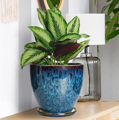 10 Inch Ceramic Planter Pot Round Plant Pot for Indoor Plants Outdoor Large Flower Pot with Drainage Hole and Saucer Blue