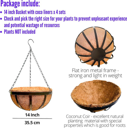 LaLaGreen Outdoor Hanging Baskets for Plants (12 Inch, 6 Pack) Medium Hanging Planter with Coco Liner, Flat Iron Metal Round Plant Flower Pots for Deck Patio Porch Garden Balcony Outside Decoration