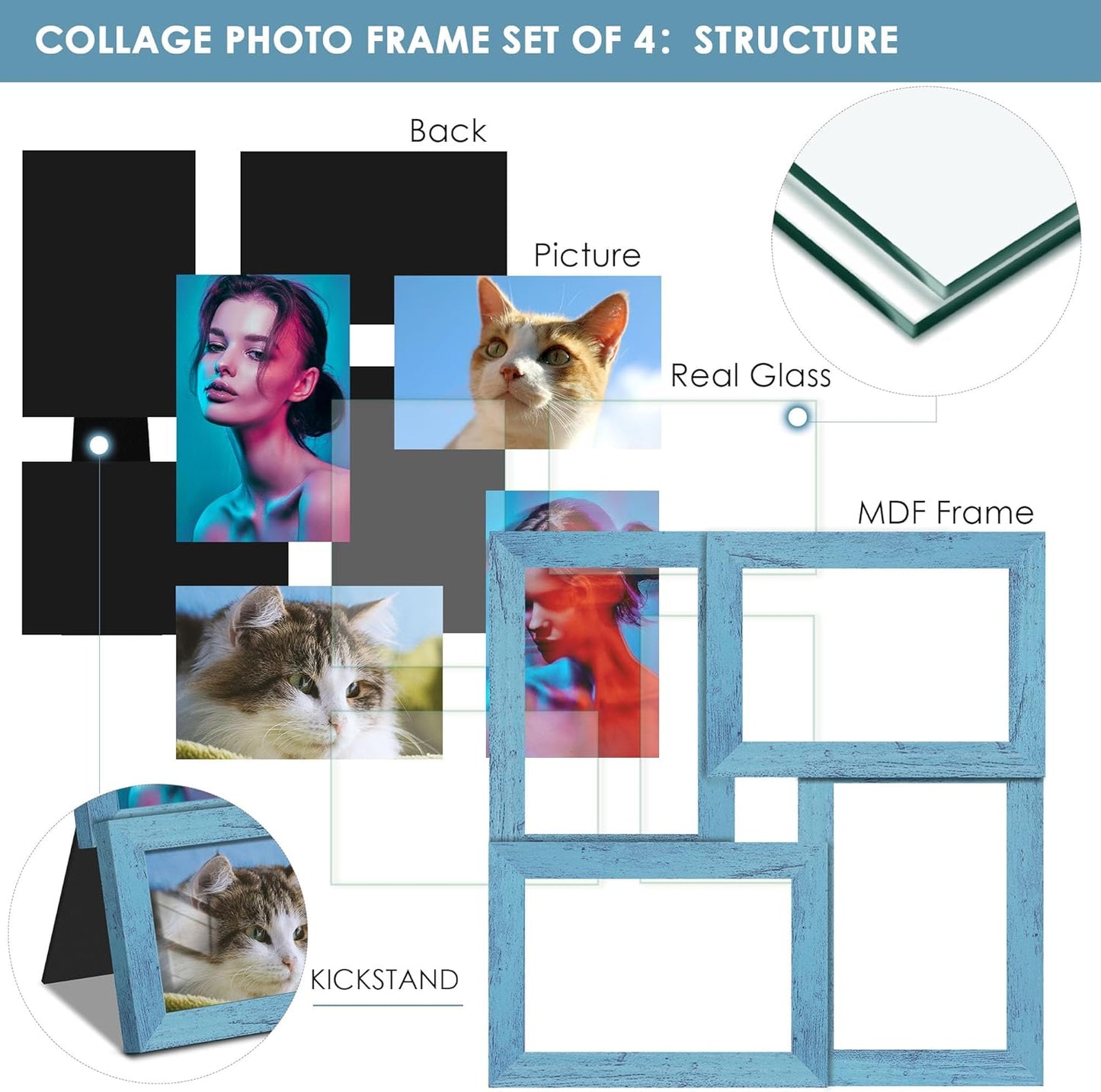 DUENPY 4x6 Collage Picture Frame Tempered Glass Front, Displays Four 4x6 Photo, Family Photo Collage Frame, Wall Decor Wall Hanging or Tabletop, Brown