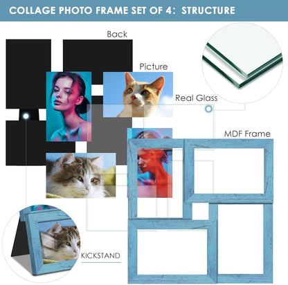 DUENPY 4x6 Collage Picture Frame Tempered Glass Front, Displays Four 4x6 Photo, Family Photo Collage Frame, Wall Decor Wall Hanging or Tabletop, Brown