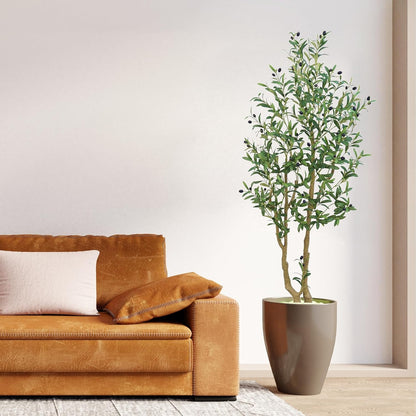HZXGCP 6ft Artificial Olive Tree Indoor, Fake Olive Tree with White Pot, Faux Olive Tree with Dense Leaves & Realistic Fruits, Tall Artificial Plant for Home Living Room Office Entryway Decor