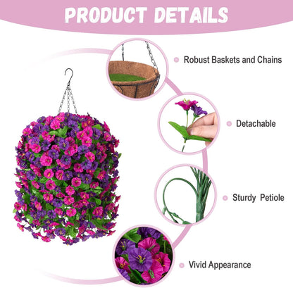 INXUGAO Artificial Flowers with Hanging Basket, Outdoor Faux Plants Silk Morning Glory Vines, Fake Green Arrangement for Garden Patio Spring Summer Decor(4pcs,Darkorchid)