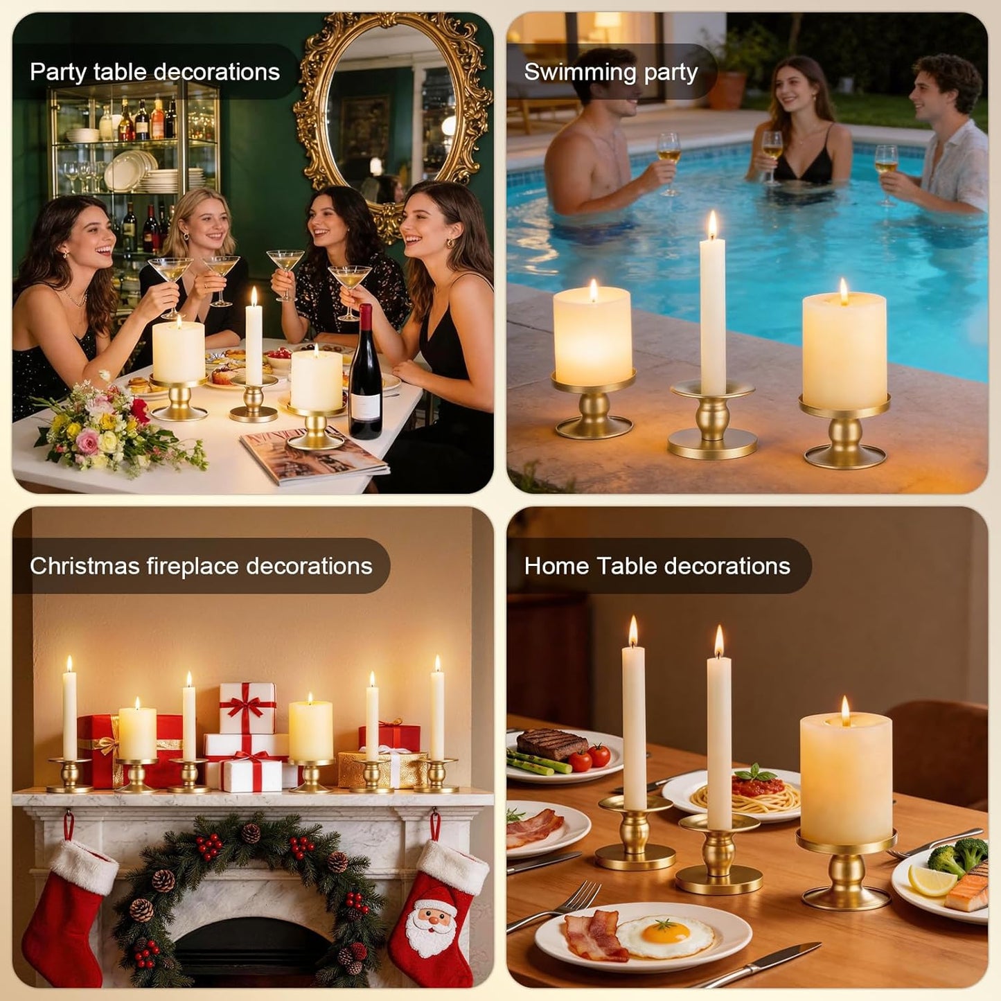 Pillar & Taper Dual Candle Holder: Fit 3"D and 0.87"D Candles - Stable Wide Base & Easy Clean - Smooth Metal Texture Candlestick for Wedding Home Holiday Table Centerpiece Decor - Set of 3 Gift (Gold)