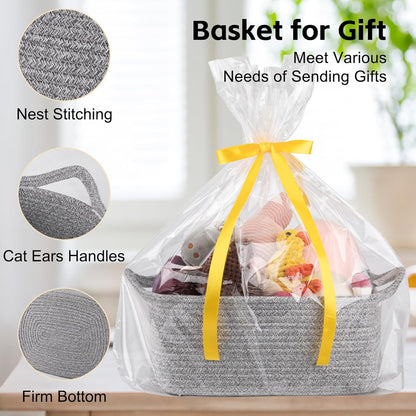 OIAHOMY Woven Basket, Gift Basket Empty with Gift Bags and Ribbons, Rope Baskets for Baby Showers, Storage Baskets with Handles for Nursery, Pet Toy Organizer - White