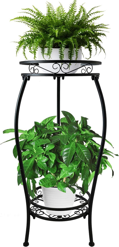 CASIMR 2-Pack Plant Stand, 2 Tier 19.2 inch Tall Metal Potted Holder Rack,Indoor Outdoor Multiple Flower Pot Shelf Rustproof Iron Garden Container for Garden Patio Living Room Corner Balcony, Black