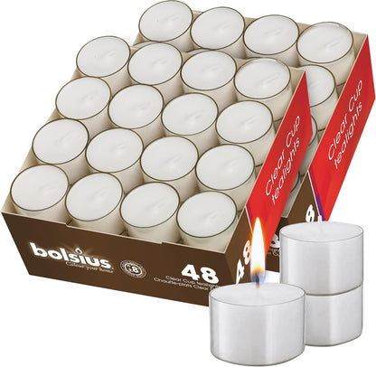 BOLSIUS 48 Unscented Tea Lights in Clear Cups - 8 Burn Hours - Premium European Quality - Consistent Smokeless Flame - 100% Cotton Wick - Dinner, Wedding, Party, Spa, Church, & Home Décor Tealights