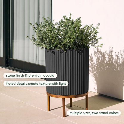 Veradek Demi Series Round Planter w/ Stand for Porch/Patio | Durable Plastic-Concrete & Wooden Stand | Modern Décor for Tall Plants, Flowers