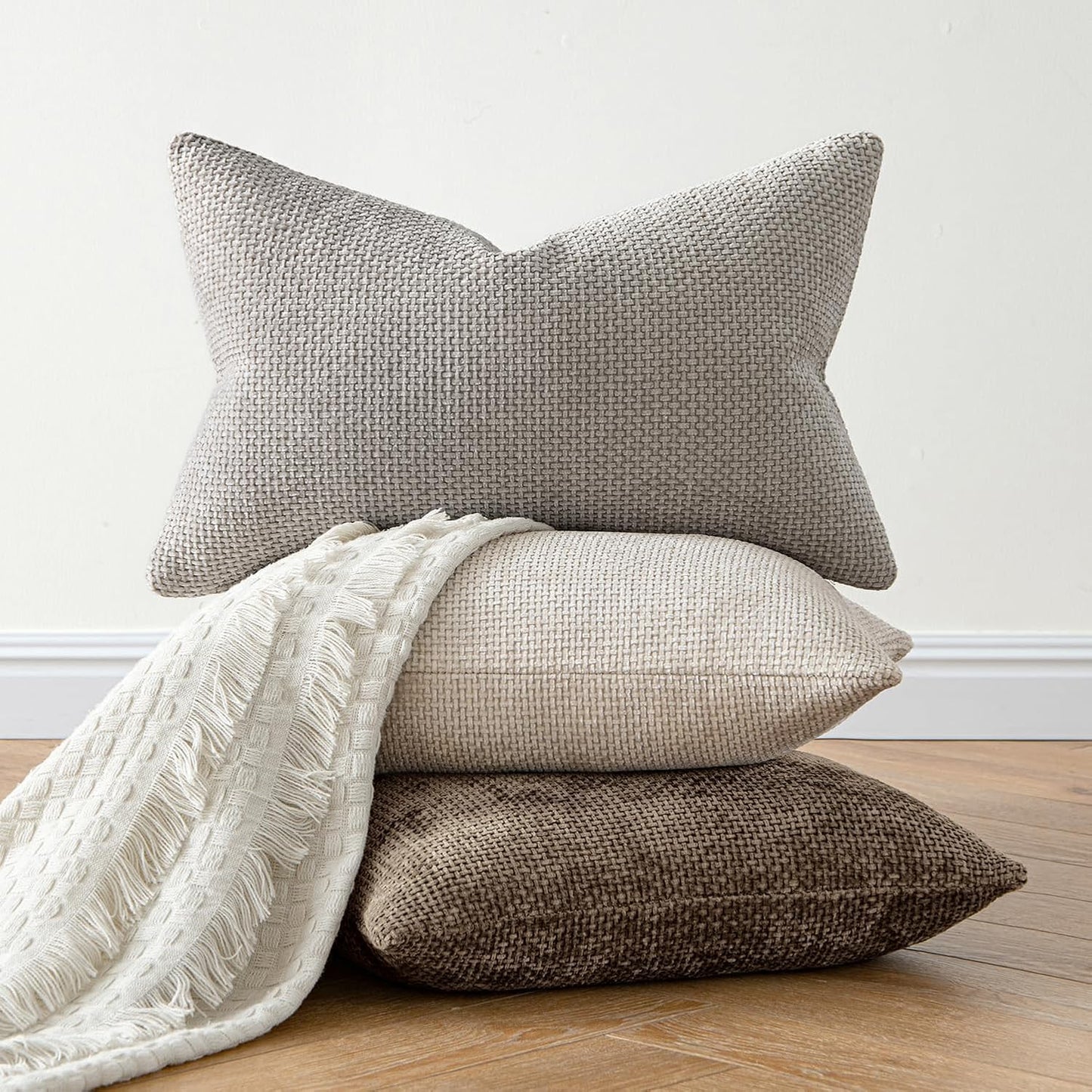 MIULEE Pack of 2 Couch Throw Pillow Covers 18x18 Inch Neutral Beige Modern Boho Accent Decorative Pillow Covers Soft Chenille Farmhouse Cushion Covers for Home Decor Bed Sofa Living Room