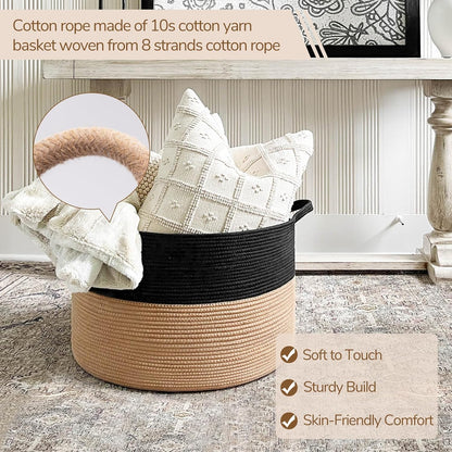 INDRESSME XXXLarge Blanket Basket for Living Room 21.7" x 21.7" x 13.8"-Storage Basket with Handle for Organizing Toy Pillows Woven Cotton Rope Laundry Basket Stuffed Animal Toy Storage for Play Room